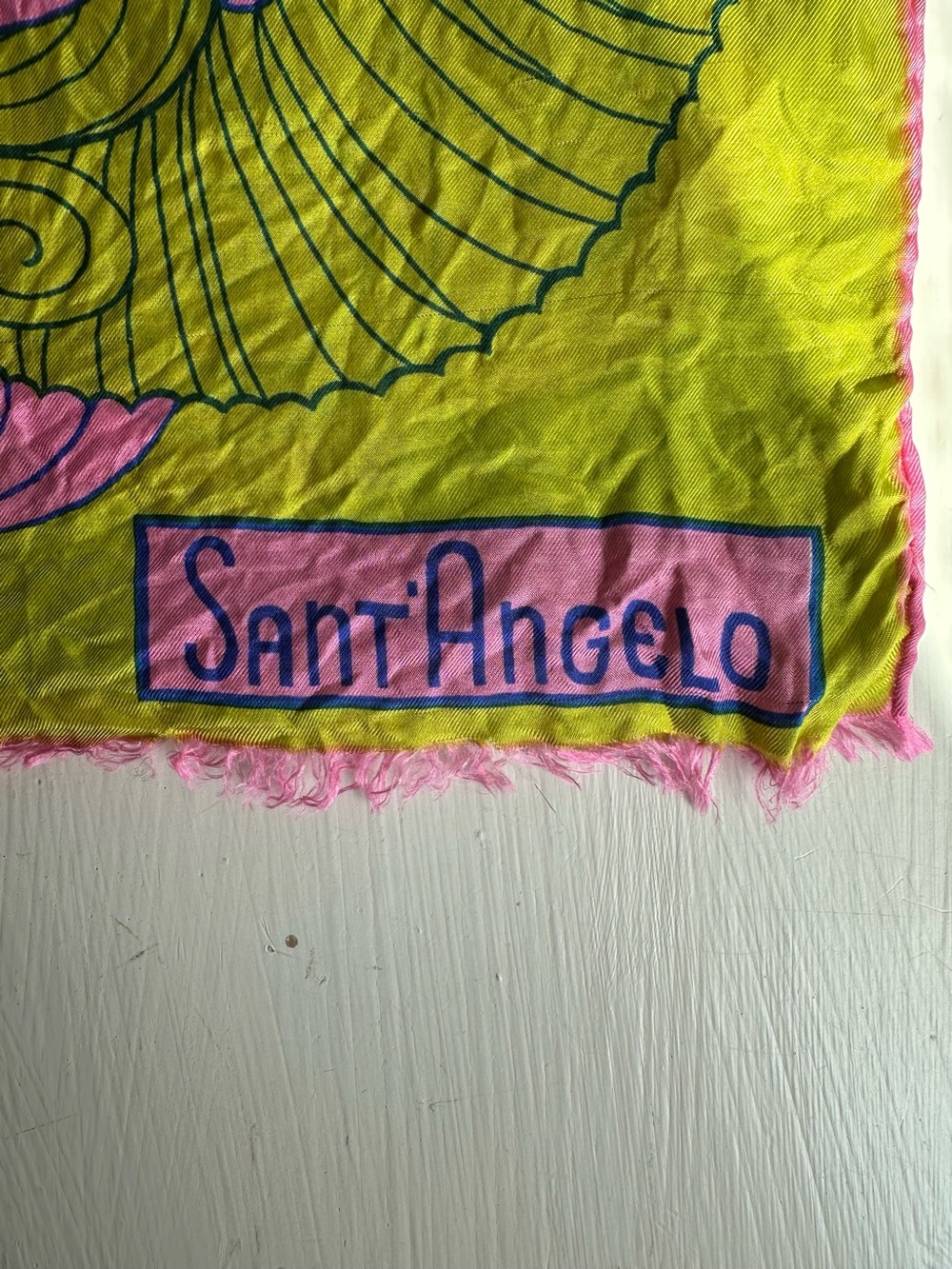 Sant Angelo Psychedelic Face Scarf Neon Pink Green Mod Retro Fringe Wrap - Picture 6 of 7